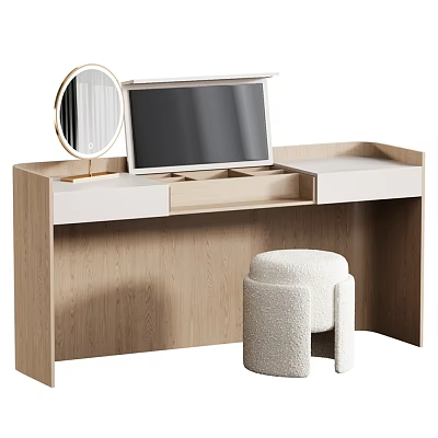 Modern Wooden Dressing Table with Open Drawer Round Mirror and Plush Stool 3d model