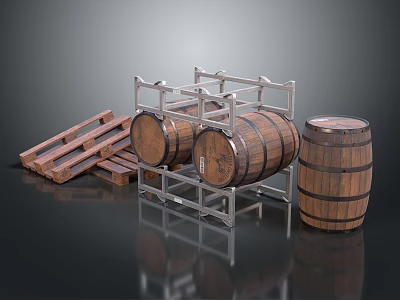 Wooden Wine Barrels On Metal Rack With Pallets And Storage 3d model