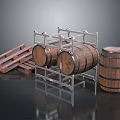 Wooden Wine Barrels On Metal Rack With Pallets And Storage