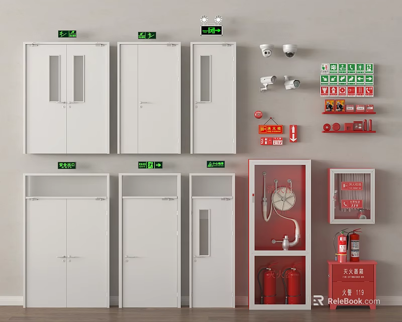 Complete Fire Safety Equipment Set With Cabinets Extinguishers Hydrant And Emergency Lights 3d model 