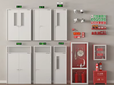 Complete Fire Safety Equipment Set With Cabinets Extinguishers Hydrant And Emergency Lights 3d model