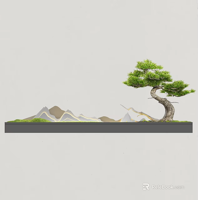 Chinese Style Landscape Wall With Curved Pine Tree And Distant Mountain Patterns 3d model