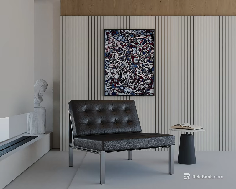 Modern Leather Leisure Chair with Button Tufting Against Vertical Striped Wall and Abstract Painting 3d model 