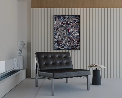 Modern Leather Leisure Chair with Button Tufting Against Vertical Striped Wall and Abstract Painting 3d model