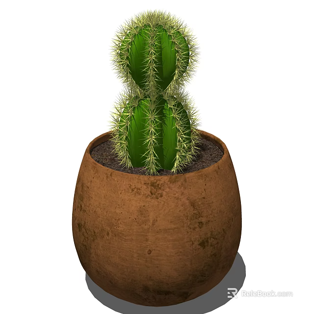 Green Cactus Bonsai Potted Plant in Brown Clay Pot with Soil 3d model 