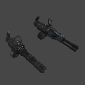 Futuristic Black Sci Fi Weapons with Double Barrels Grips Red Accents and Mechanical Details