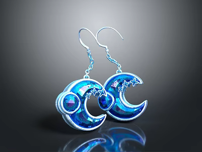 Sparkling Blue Moon and Star Shaped Dangle Earrings for Daily Use 3d model