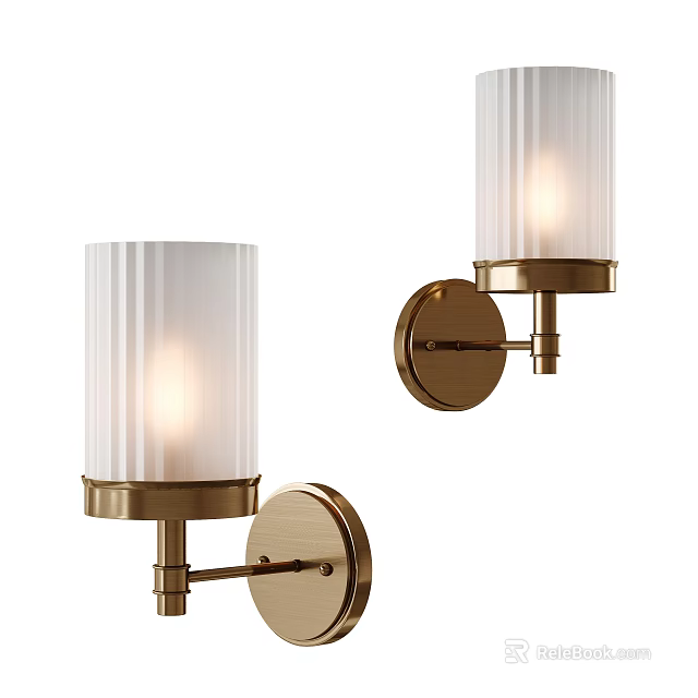 Modern Brass Wall Lamps With White Ribbed Shades And Warm Light 3d model 