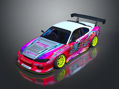 Pink Purple White Racing Car With Yellow Wheels Black Rear Wing And Body Stickers 3d model
