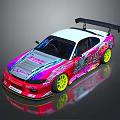 Pink Purple White Racing Car With Yellow Wheels Black Rear Wing And Body Stickers