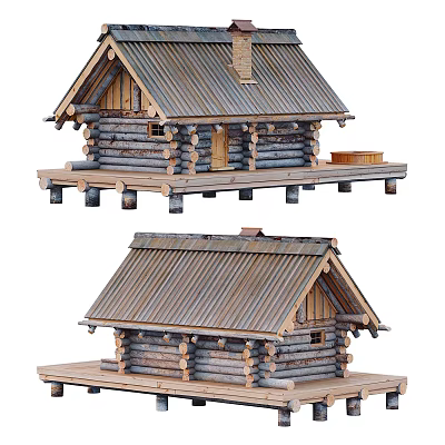 Rustic Log Cabin Design With Metal Roof And Elevated Wooden Platform Base 3d model