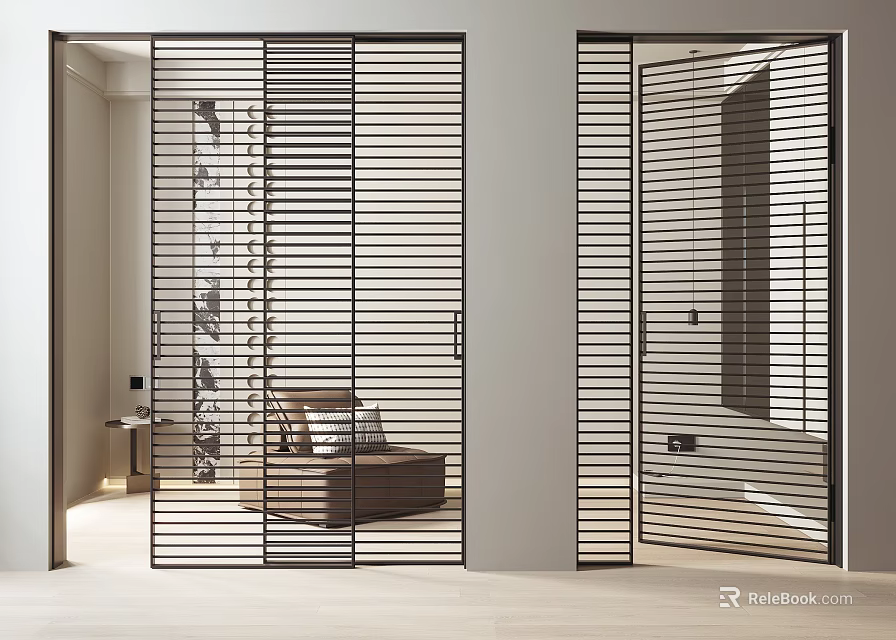 Sleek Modern Black Metal Slatted Sliding Doors for Interior Room Division Design 3d model 
