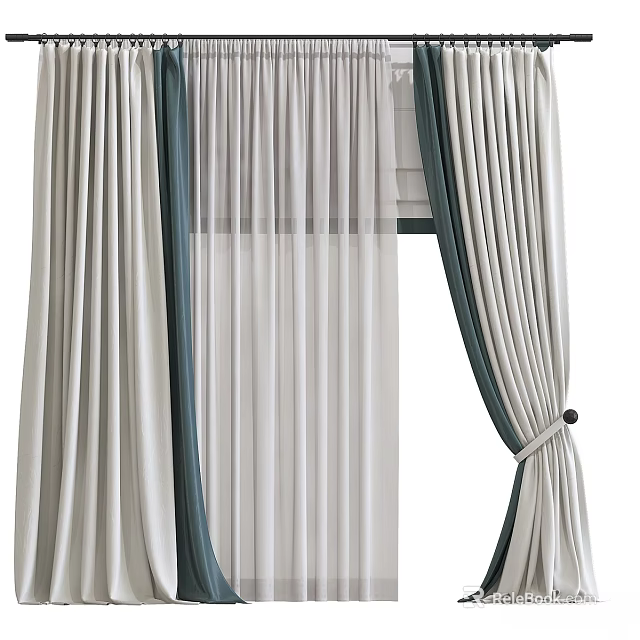 Beige Double Layer Curtains With Sheer Panels And Green Trim For Home Window Decor 3d model 