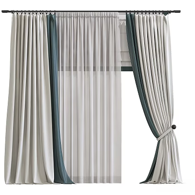 Beige Double Layer Curtains With Sheer Panels And Green Trim For Home Window Decor 3d model