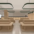 Modern Retail Store Interior With Wooden Display Tables Green Decor And Round Pendant Lights