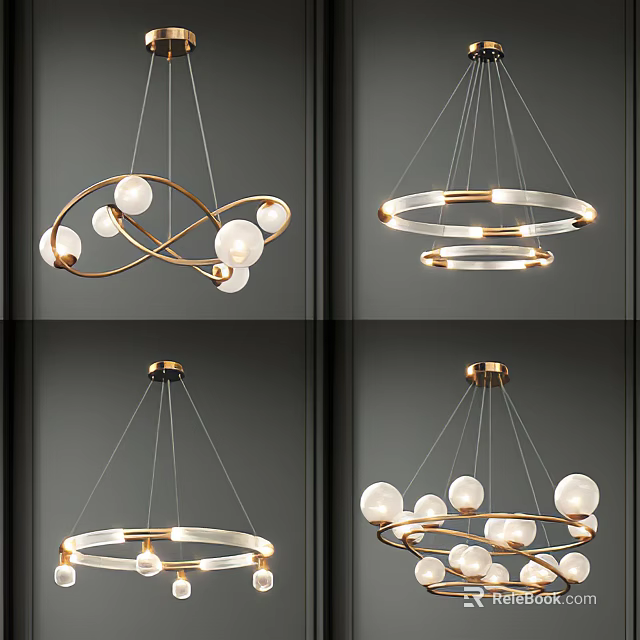 Elegant Modern Chandeliers With Brass Circular Frames And White Spherical Orbs 3d model