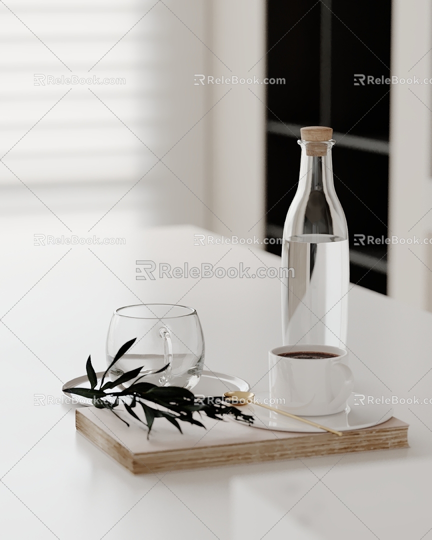 Ornaments Combination Coffee Cup Green Plant Books Kitchen Utensils Wine Bottle Mug Water Cup 3d model