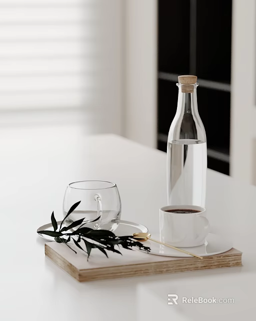Elegant Ornamental Decor Set Featuring Clear Glass Bottle Wooden Stopper White Cup and Green Leaves 3d model 