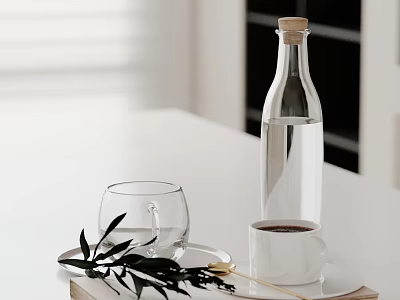 Elegant Ornamental Decor Set Featuring Clear Glass Bottle Wooden Stopper White Cup and Green Leaves 3d model