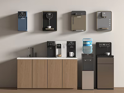 Modern Home Appliances Featuring Wall Mounted Water Dispensers And Countertop Coffee Machines On Wooden Cabinet 3d model