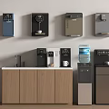 Modern Home Appliances Featuring Wall Mounted Water Dispensers And Countertop Coffee Machines On Wooden Cabinet