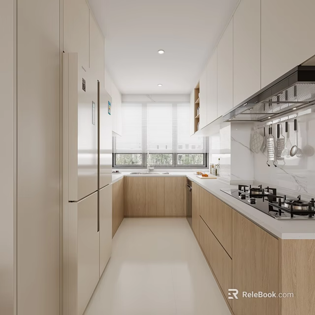 Modern Kitchen Interior With White Cabinets Wooden Elements Marble Countertop And Gas Stove 3d model 