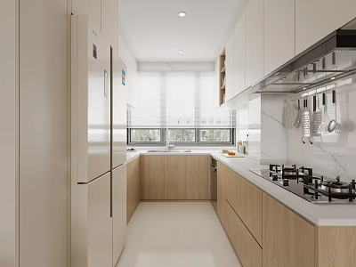 Modern Kitchen Interior With White Cabinets Wooden Elements Marble Countertop And Gas Stove 3d model
