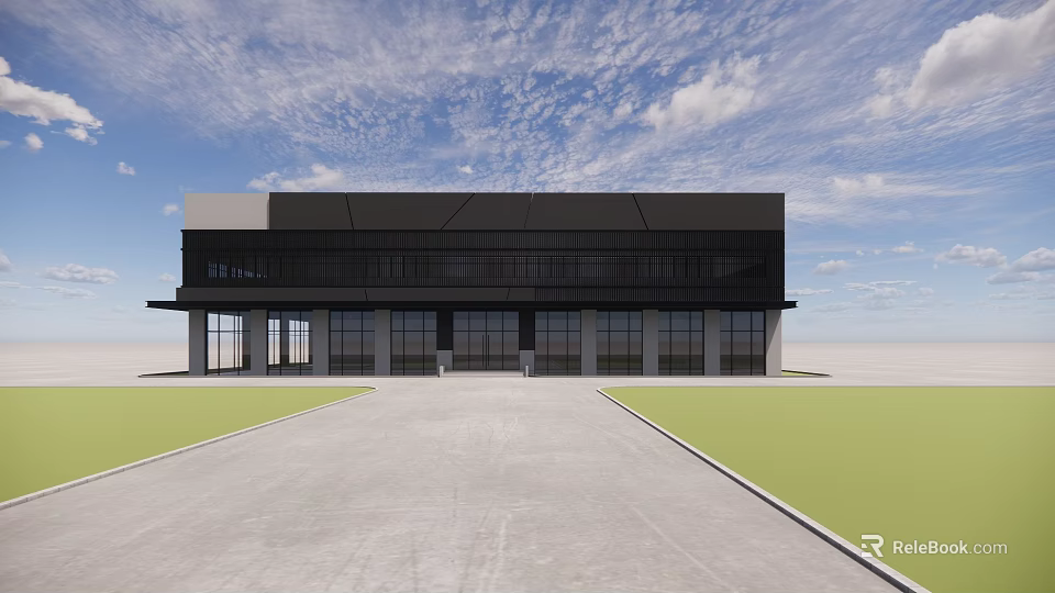 Modern Office Building Exterior With Glass Facade Spacious Driveway And Green Lawn 3d model 