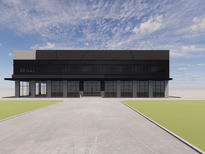 Modern Office Building Exterior With Glass Facade Spacious Driveway And Green Lawn 3d model