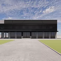 Modern Office Building Exterior With Glass Facade Spacious Driveway And Green Lawn