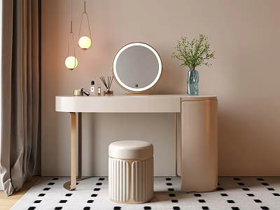 Elegant Beige Dressing Table With Round Mirror Stool And Hanging Pendant Lights 3d model