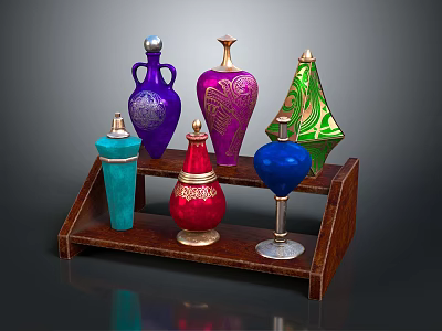Colorful Decorative Perfume Bottles With Various Shapes And Metallic Accents On Wooden Shelf 3d model