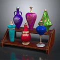 Colorful Decorative Perfume Bottles With Various Shapes And Metallic Accents On Wooden Shelf