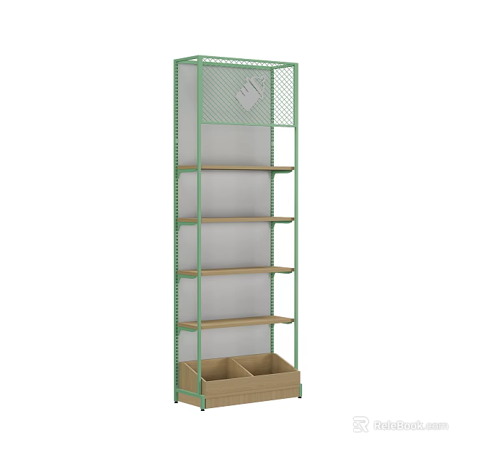 Green Frame Display Shelf with Wooden Shelves Multiple Tiers and Bottom Storage for Retail Store 3d model 