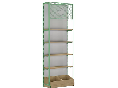 Green Frame Display Shelf with Wooden Shelves Multiple Tiers and Bottom Storage for Retail Store 3d model