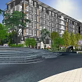 Landscaped Garden With Greenery Pathway And Water Feature By High Rise Building