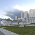 Modern Office Building With Unique Curved Architecture Green Roof And Surrounding Greenery