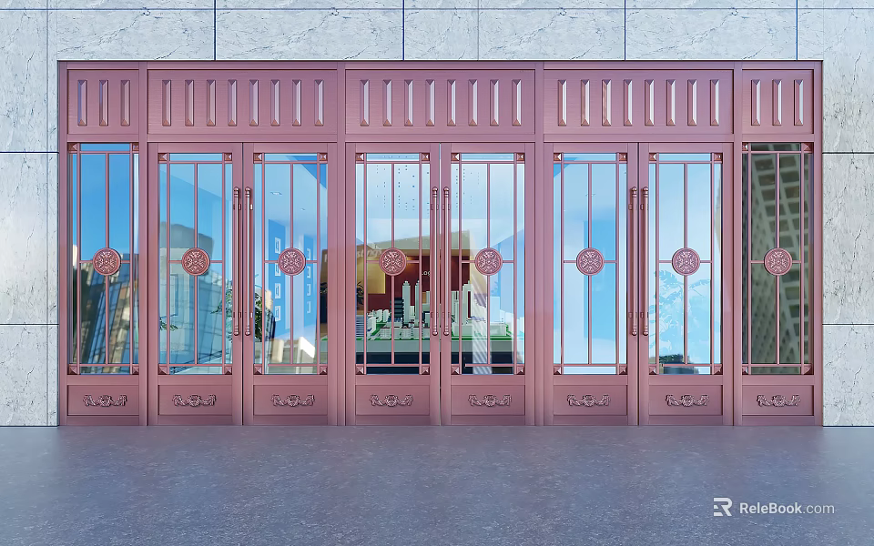 Copper Glass Doors With Circular Decorations And Building Reflections Exterior Design 3d model 