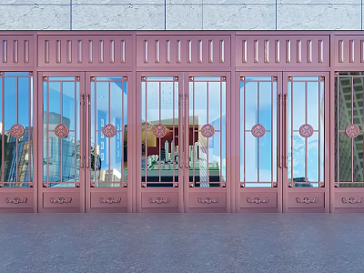 Copper Glass Doors With Circular Decorations And Building Reflections Exterior Design 3d model