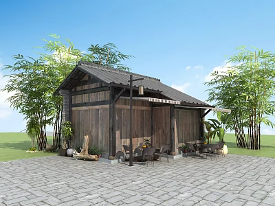 Rural Self Built Wooden House With Black Roof Bamboo Trees And Outdoor Stone Paved Area 3d model