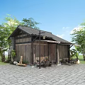 Rural Self Built Wooden House With Black Roof Bamboo Trees And Outdoor Stone Paved Area