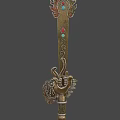Traditional Ornate Weapon With Golden Flame Shaped Top And Lion Head Ornament