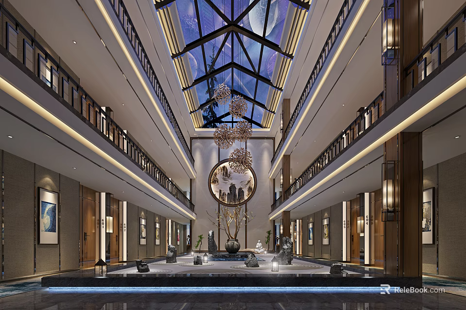 Luxurious Lobby Interior Design With Glass Skylight Chandelier And Decorative Paintings 3d model 