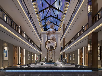 Luxurious Lobby Interior Design With Glass Skylight Chandelier And Decorative Paintings 3d model