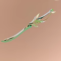 Ornate Decorative Sword Featuring Green Accents Gold Details And Orange Flaming Particles