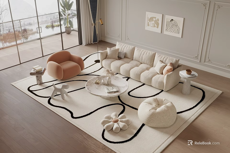 Stylish Sofa Coffee Table Set In Modern Living Room With Armchair Rug And Wall Art 3d model 