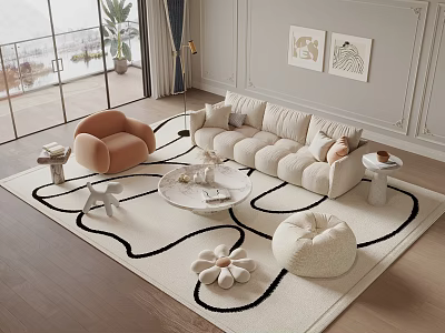 Stylish Sofa Coffee Table Set In Modern Living Room With Armchair Rug And Wall Art 3d model