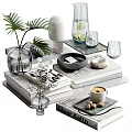 Modern Decorative Ornament Set with Green Plant Glass Vase Books Stone Tray and Coffee Cup