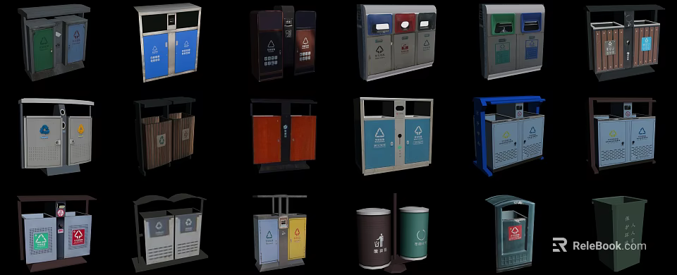 Public Waste Sorting Trash Bins With Various Colors And Different Designs 3d model