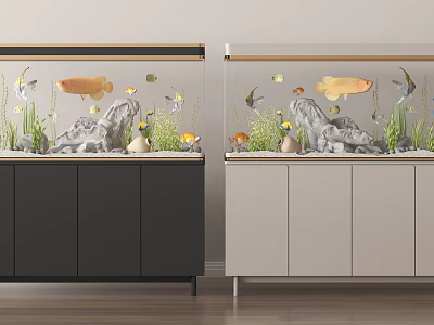 Two Aquarium Fish Tanks On Black And Gray Cabinets With Fish Aquatic Plants Stones 3d model